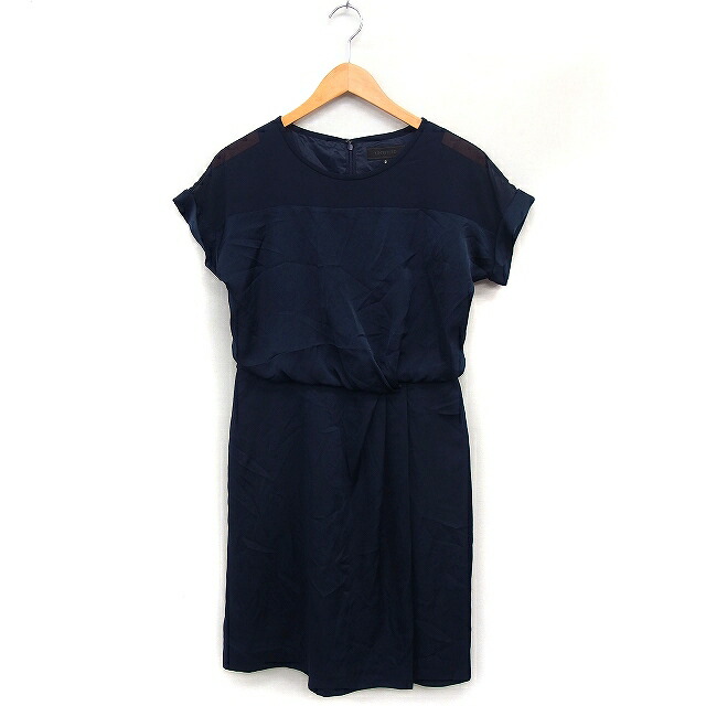 【新品】アンタイトル　ワンピース　肩一部シアー素材 日本製 紺系　Ｌ 撥水/接触冷感/洗える】ヴィンテージシアー ギャザーワンピース