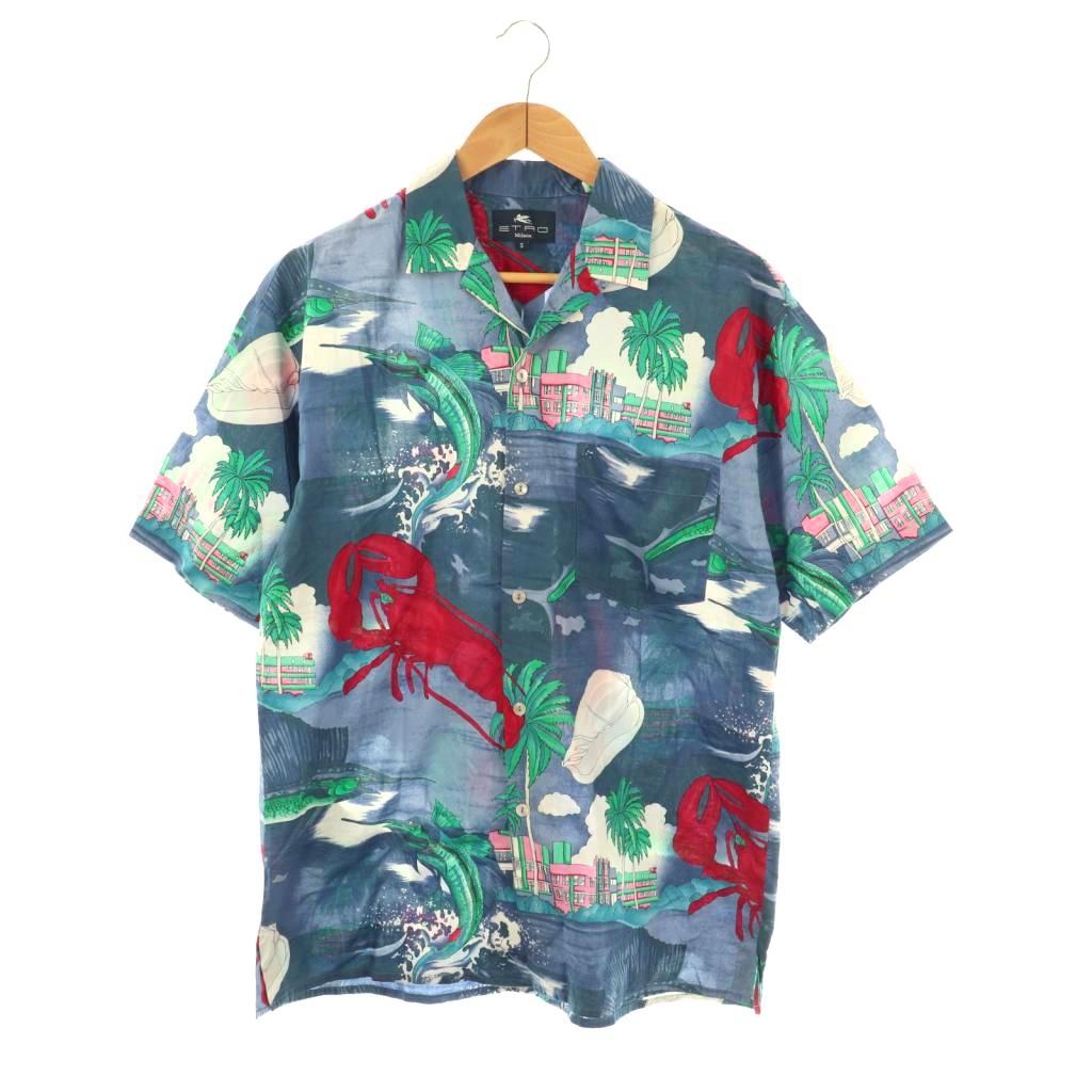 【中古】エトロ ETRO アロハシャツ 総柄 コットン 半袖 S ブルー マルチカラー /ES ■GY53 メンズ 【ベクトル 古着】 251121