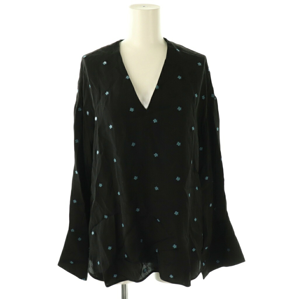 【中古】マメクロゴウチ Mame Kurogouchi 20SS フラワー ジャガード シャツ Pedicel Jacquard Shirt ブラウス Vネック プルオーバー サテン 2 ブラック 黒 ブルー /CX ■GY57 レディース 【ベクトル 古着】 251205