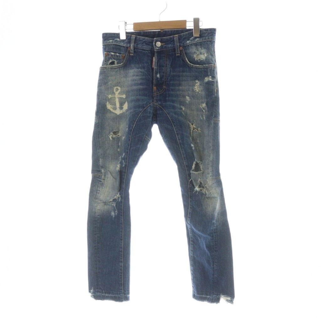 【中古】ディースクエアード DSQUARED2 TIDY BIKER アンカーマーク デニムパンツ ジーンズ ロゴ ダメージ加工 ボタンフライ 4 S-M 青 ブルー /MQ メンズ 【ベクトル 古着】 251216