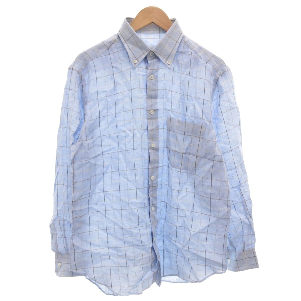 【中古】ブリオーニ BRIONI BDシャツ 麻 リネン 3 青 ブルー チェック柄 ボタンダウンカラー 長袖 /FF ■GY62 メンズ 【ベクトル 古着】 260112