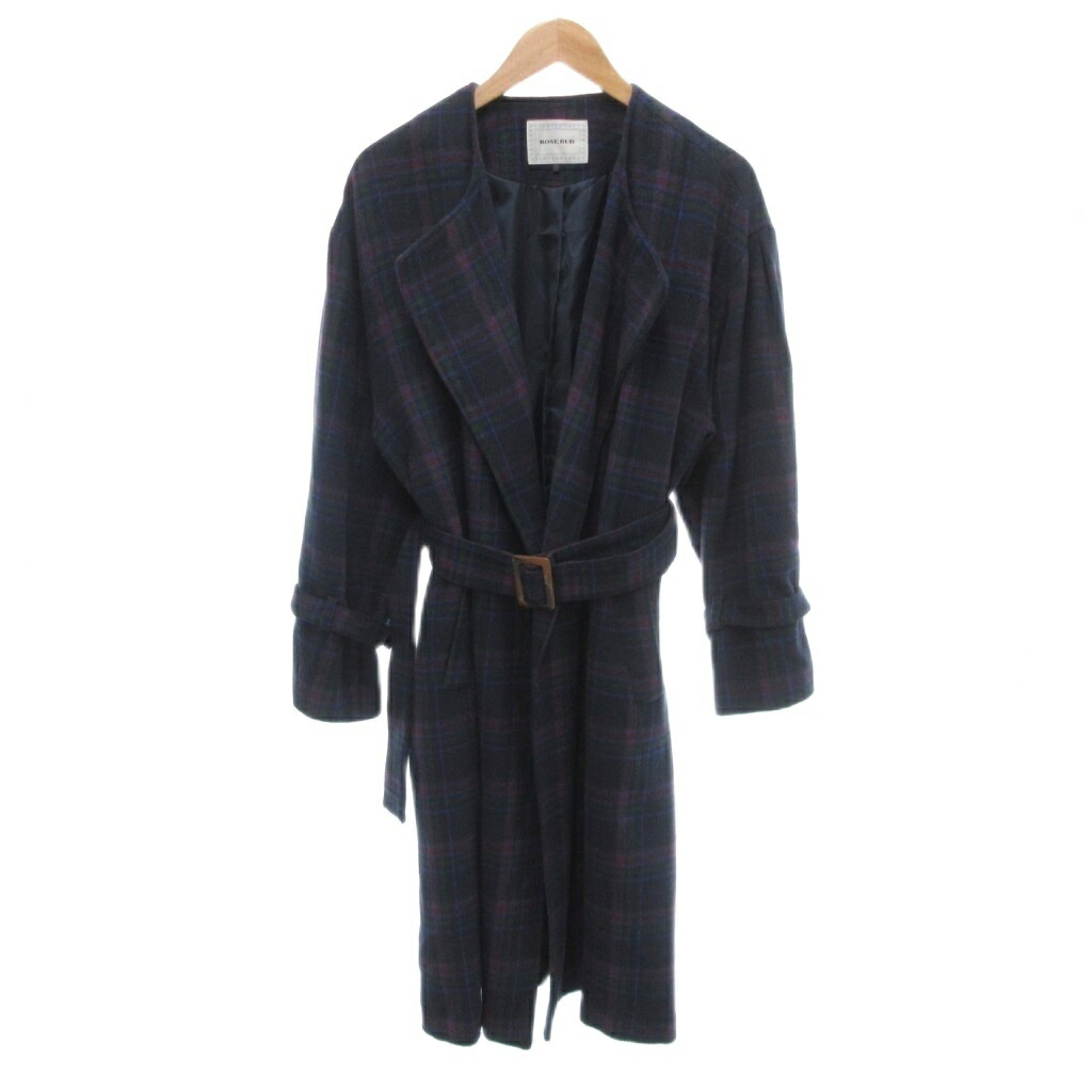 【中古】ROSE BUD ローズバット 美品 コート F 紺 ネイビー チェック柄 ウエストベルト 前開き ロング丈 /SJ ■GY58 レディース 【ベクトル 古着】 260226