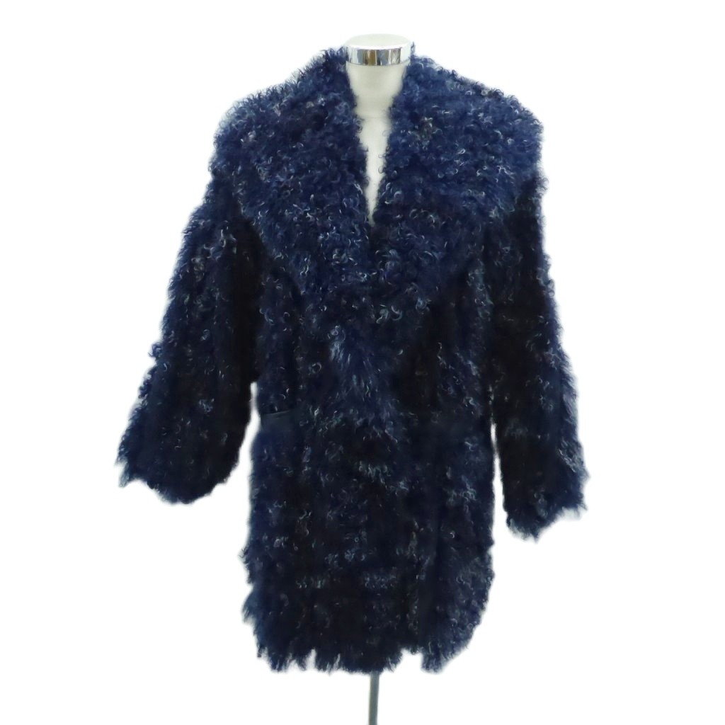 【中古】Maqiel dor プードルファーコート ショールカラー ミドル丈 紺 ネイビー オフホワイト /HO45 ■GY58 レディース 【ベクトル 古着】 260106