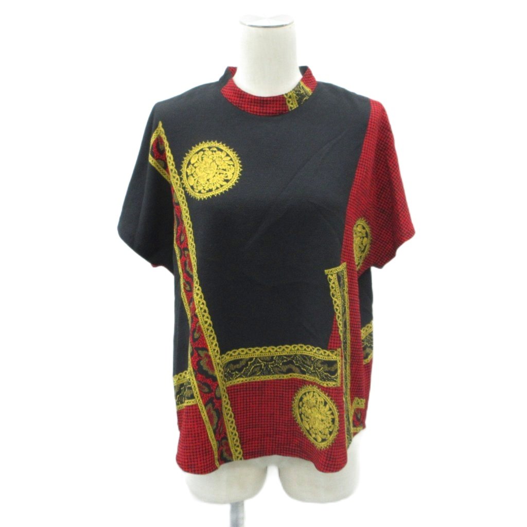 【中古】詩仙堂 BY HITOSHI カットソー 黒 ブラック 総柄 クルーネック 半袖 /YS19 ■GY61 レディース 【ベクトル 古着】 260121