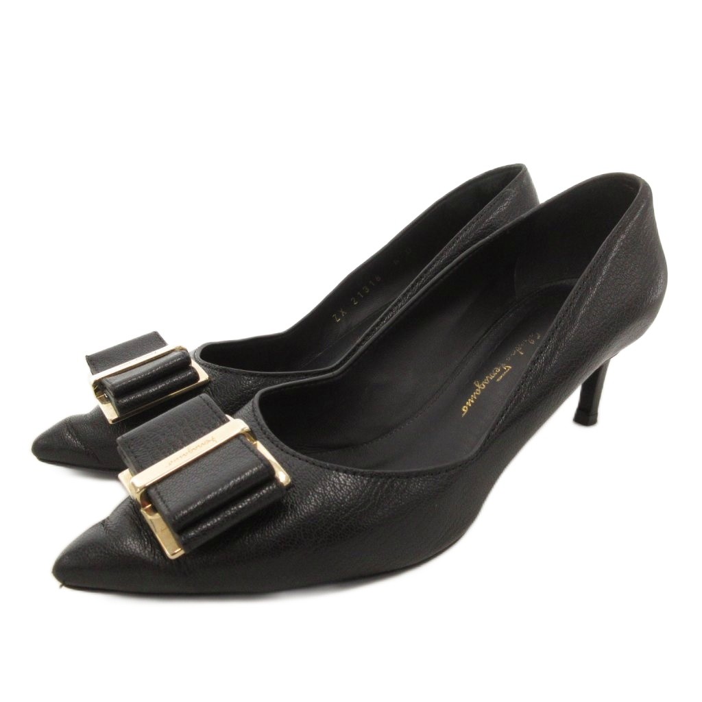 【中古】サルヴァトーレフェラガモ Salvatore Ferragamo ZAIA パンプス ポインテッドトゥ プレート レザー 6 黒 ブラック /FF ■GY62 レディース 【ベクトル 古着】 260213