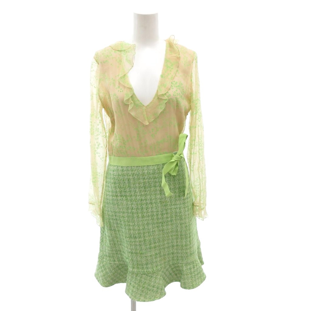 【中古】赤いこと ヴァレンティノ RED VALENTINO シルクツイードワンピース シアー ラメ ロング 長袖 緑 緑であること ベージュ /FF ■GY62 レディース 【ベクター 古着】 260215