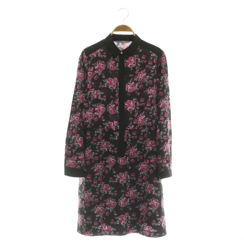 【中古】ローラアシュレイ LAURA ASHLEY 花柄ワンピース 膝丈 長袖 比翼ボタン 7 ブラック /MY ■OS ■ECC001 レディース 【ベクトル 古着】 260218