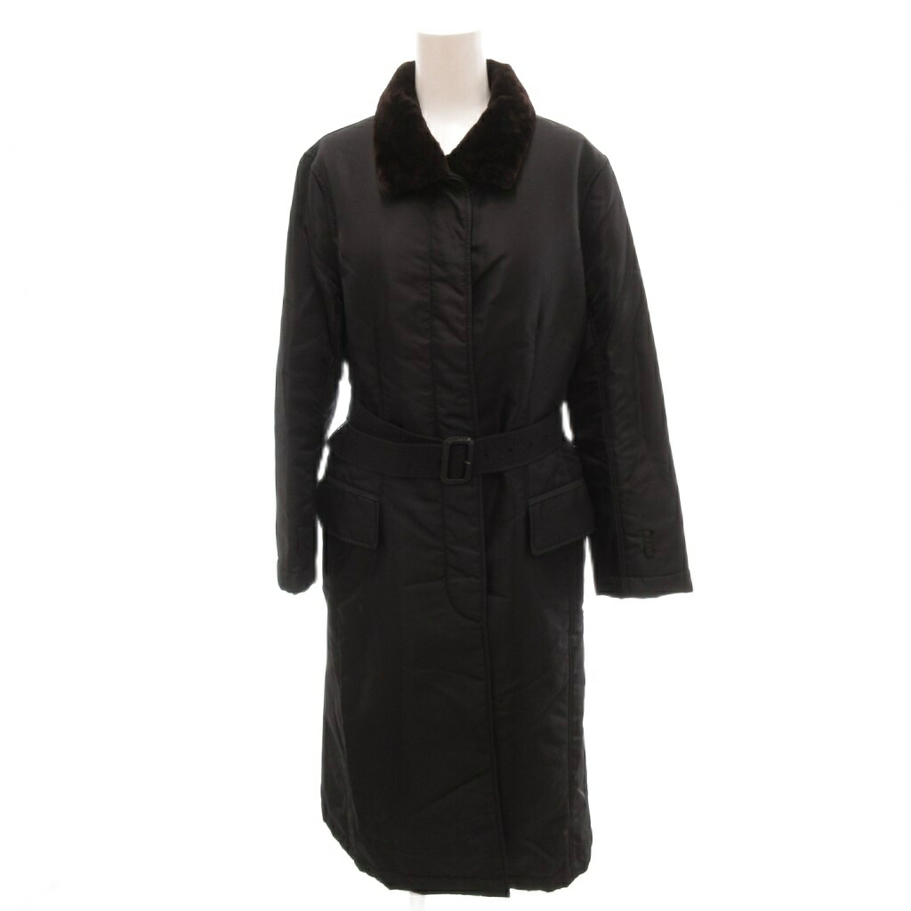 【中古】ランバン LANVIN ナイロンロングコート ミンクファーカラー ベルト付き 38 黒 ブラック /YJ ■ECD001 レディース 【ベクトル 古着】 260216