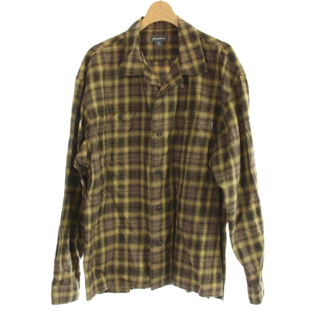 【中古】エディーバウアー EDDIE BAUER シャツ L マスタード×ブラウン チェック柄 長袖 レギュラーカラー /DU ■GY58 メンズ 【ベクトル 古着】 260218