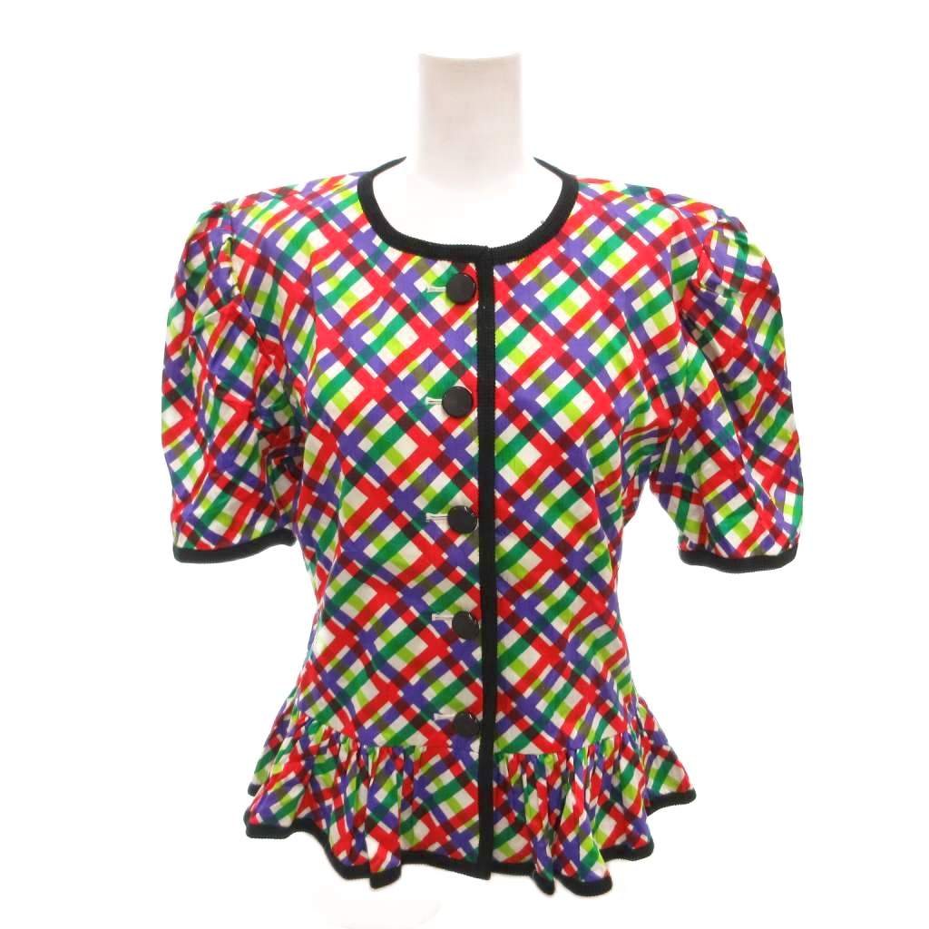【中古】イヴサンローラン YVES SAINT LAURENT ヴィンテージ 美品 ノーカラーブラウス ペプラム パフスリーブ チェック柄 半袖 7 マルチカラー /YJ ■ECD002 レディース 【ベクトル 古着】 260309