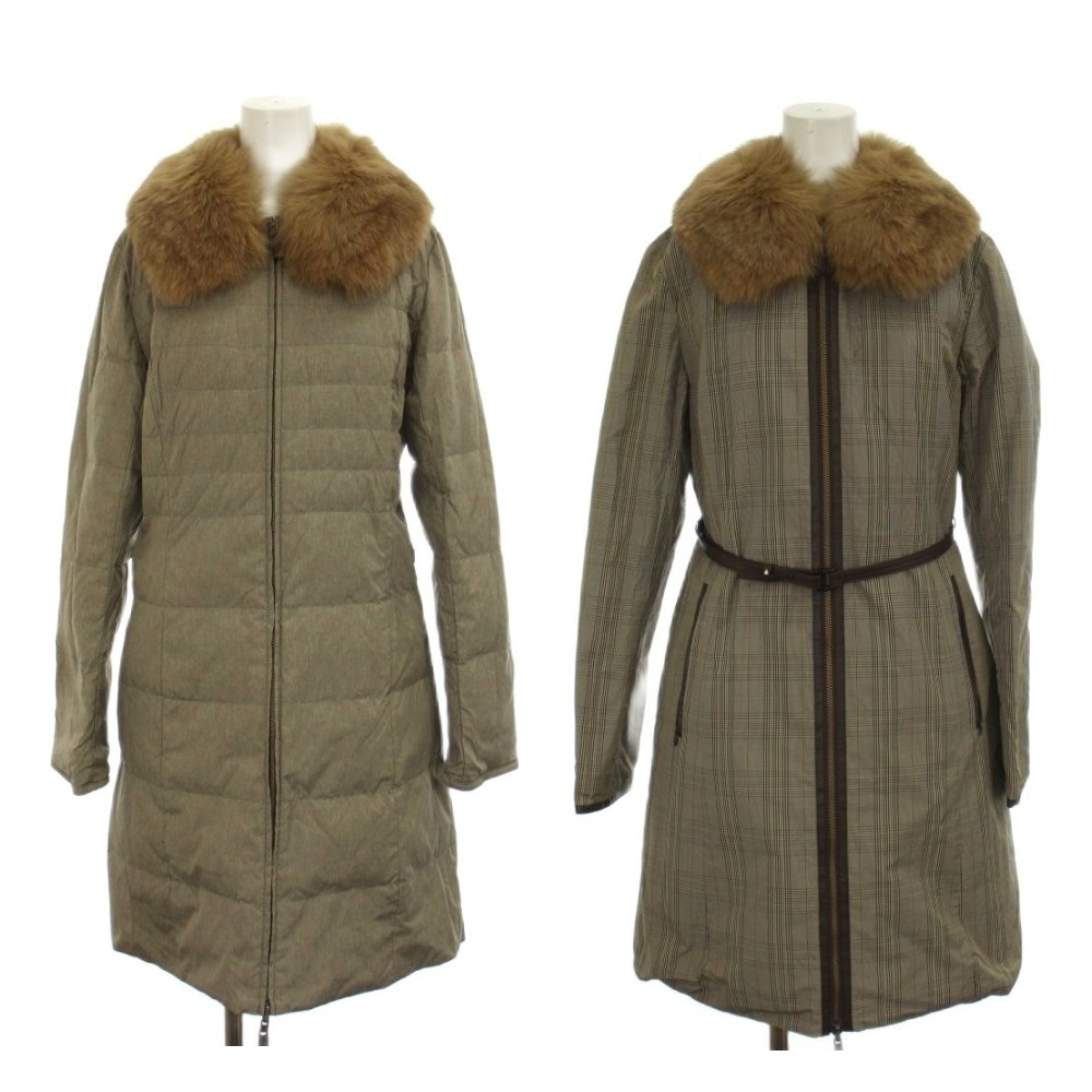 【中古】トラサルディ TRUSSARDI ダウンコート リバーシブル 40 ベージュ 茶 ブラウン ファー襟 チェック柄 /GP ■ECD002 レディース 【ベクトル 古着】 260313