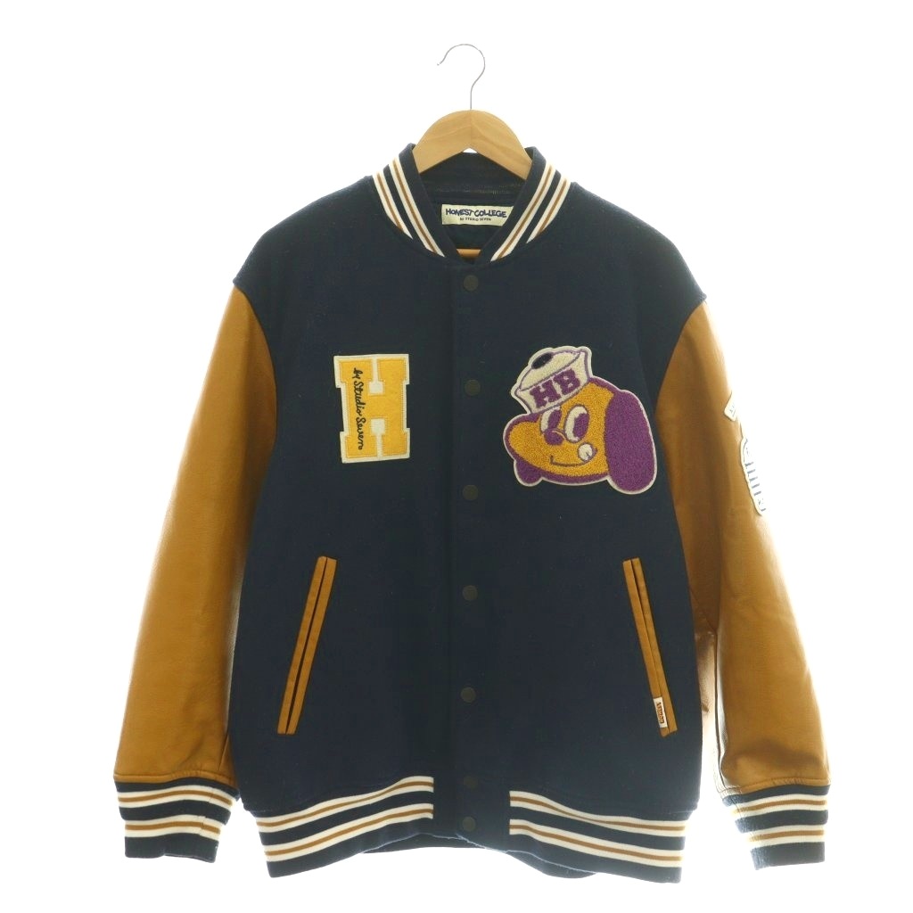 【中古】ジーユー GU × スタジオセブン STUDIO SEVEN スタジャン ワッペン フェイクレザー切替 L 紺 マスタード 白 /MI ■ECB002 メンズ 【ベクトル 古着】 260316