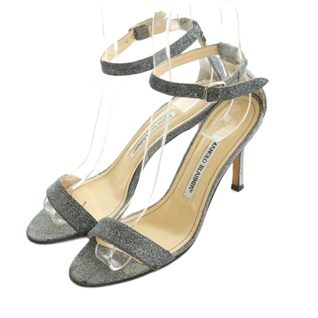 【中古】マノロブラニク MANOLO BLAHNIK サンダル ストラップ ピンヒール グリッター 37 24.0cm グレー シルバーカラー /MI ■GY62 レディース 【ベクトル 古着】 260312