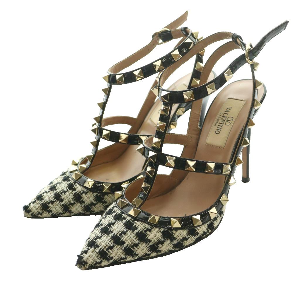 【中古】ヴァレンティノ ガラヴァーニ VALENTINO GARAVANI ロックスタッズ Rockstud アンクルストラップ パンプス チェック柄 35 黒 ブラック オフホワイト /SS ■OS ■GY62 レディース 【ベクトル 古着】 260313|ブランド古着の買取販売ベクトル