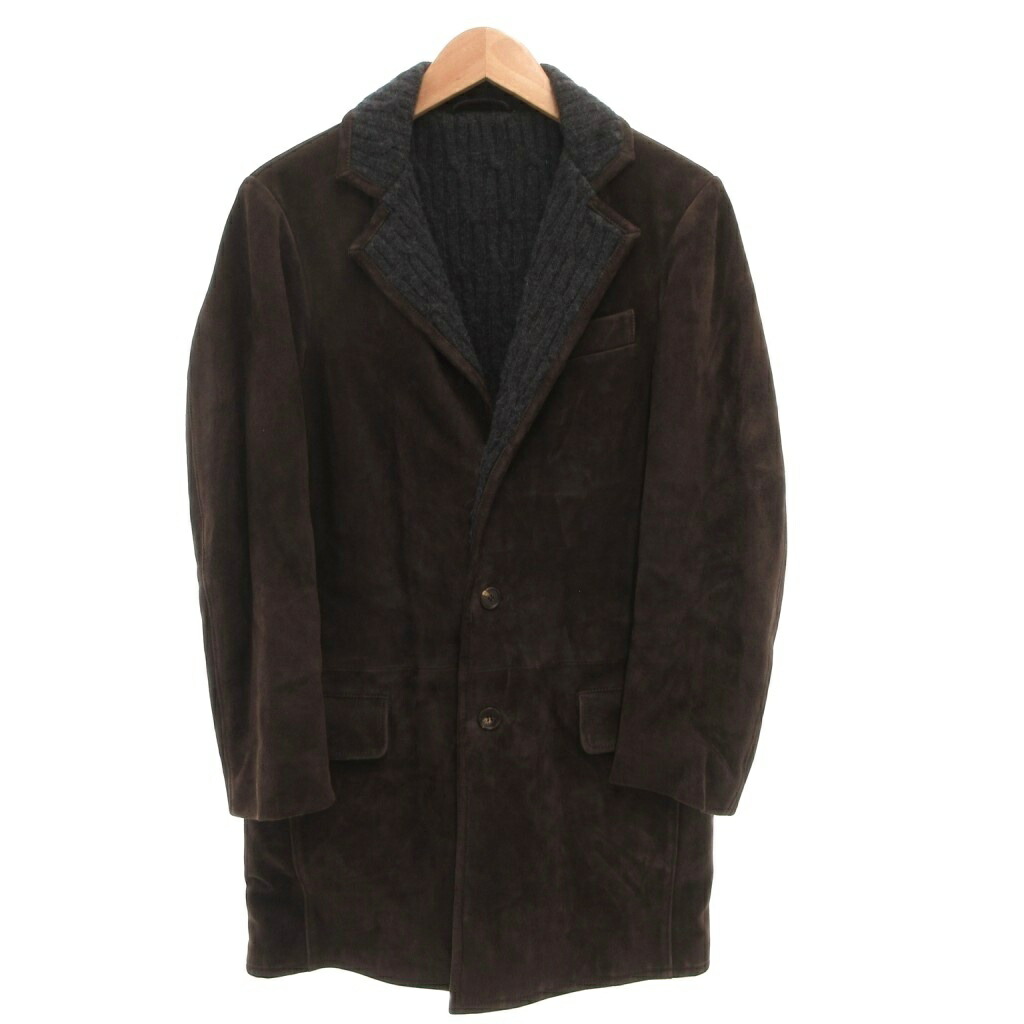 【中古】ENZO LEATHER 馴鹿なめし革 チェスターコートカシミヤニット ロング 44 茶 赤銅色 /FF ■GY62 メンズ 【ベクター 古着】 260317 コート・ジャケット-メンズファッション