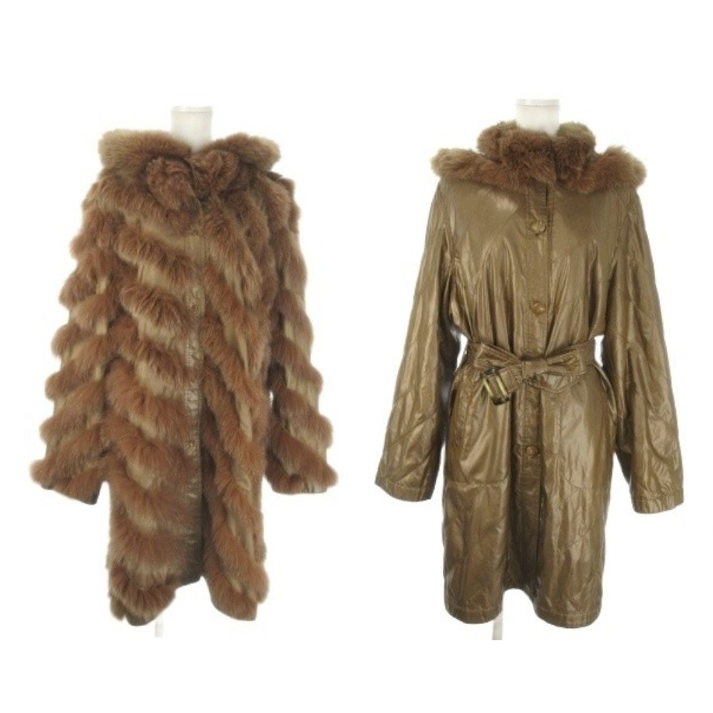 【中古】アンフィニ バリファ Infine VARI FUR ファーコート リバーシブル 茶 ブラウン ベルト フード付き ブルーフォックス 毛皮 長袖 /AO5 ■ECA003 レディース 【ベクトル 古着】 260327