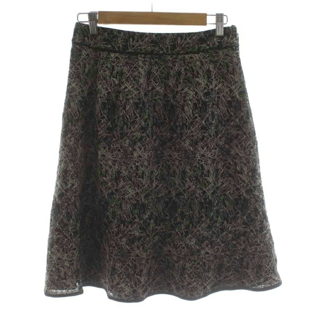 【中古】ランバン LANVIN フレアスカート 38 黒 ブラック ベージュ スクラッチ柄 Aライン ミディ丈 2691503 /GG ■GY59 レディース 【ベクトル 古着】 260328