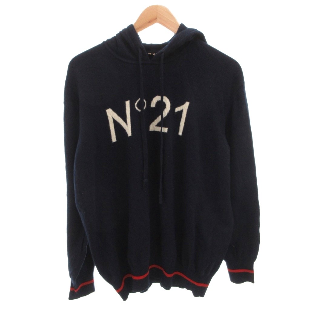 【中古】ヌメロヴェントゥーノ N°21 パーカー フーディ ニット ロゴ 長袖 ウール 48 紺 ネイビー /FF ■GY62 メンズ 【ベクトル 古着】 260406