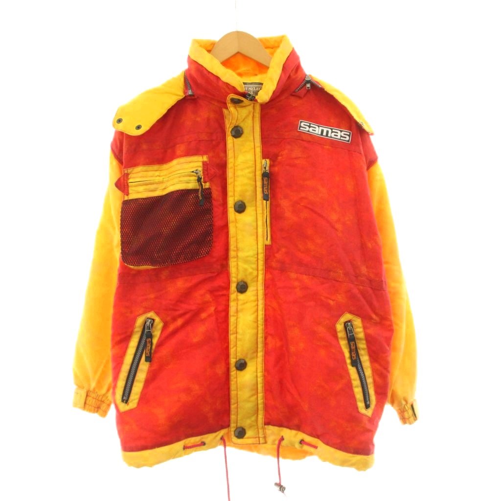 【中古】サマス Samas 中綿ジャケット ブルゾン フード ジップアップ 総柄 スキーウェア M 赤 レッド 黄 イエロー /KU ■ECB003 メンズ 【ベクトル 古着】 260403