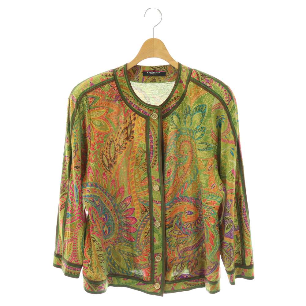 【中古】レオナール LEONARD FASHION ジレー 総柄 長袖 LL カーキ マルチ色つや /HK ■GY62 レディース 【ベクター 古着】 260427