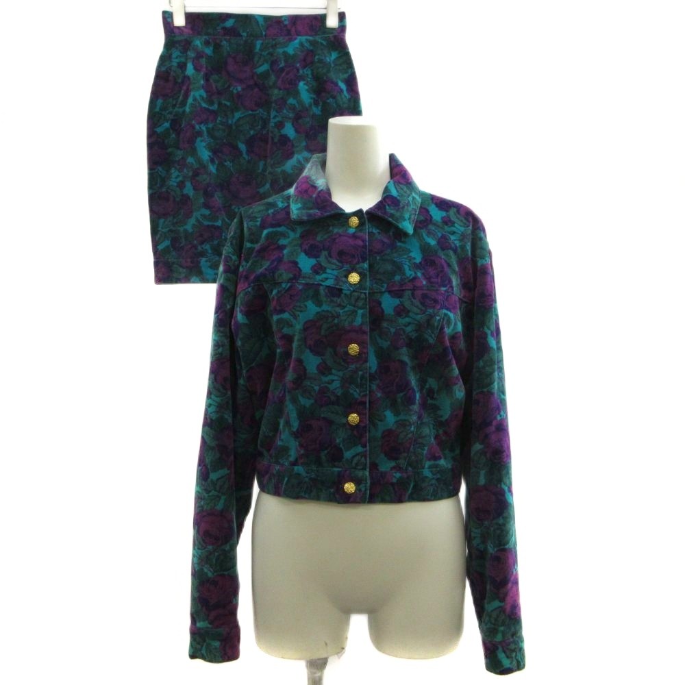 【中古】ケンゾー KENZO セットアップ ジャケット M タイトスカート ミニ丈 36 緑 グリーン 青 ブルー 紫 パープル 花柄 襟付き 長袖 ECD004 /SH ■ECD004 レディース 【ベクトル 古着】 260514｜ブランド古着の買取販売ベクトル 7,739円