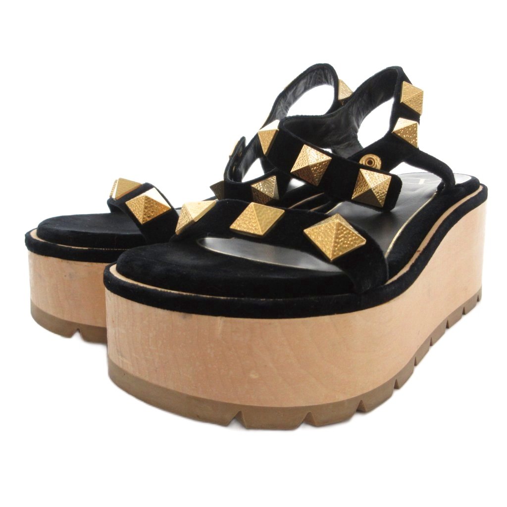 【中古】ヴァレンティノ ヴァレンチノ  VALENTINO サンダル シューズ 厚底 スタッズ 天鵞絨 同盟罷業さあ美 38 黒 黒いこと ベージュ /FF ■GY57 レディース 【ベクター 古着】 260518