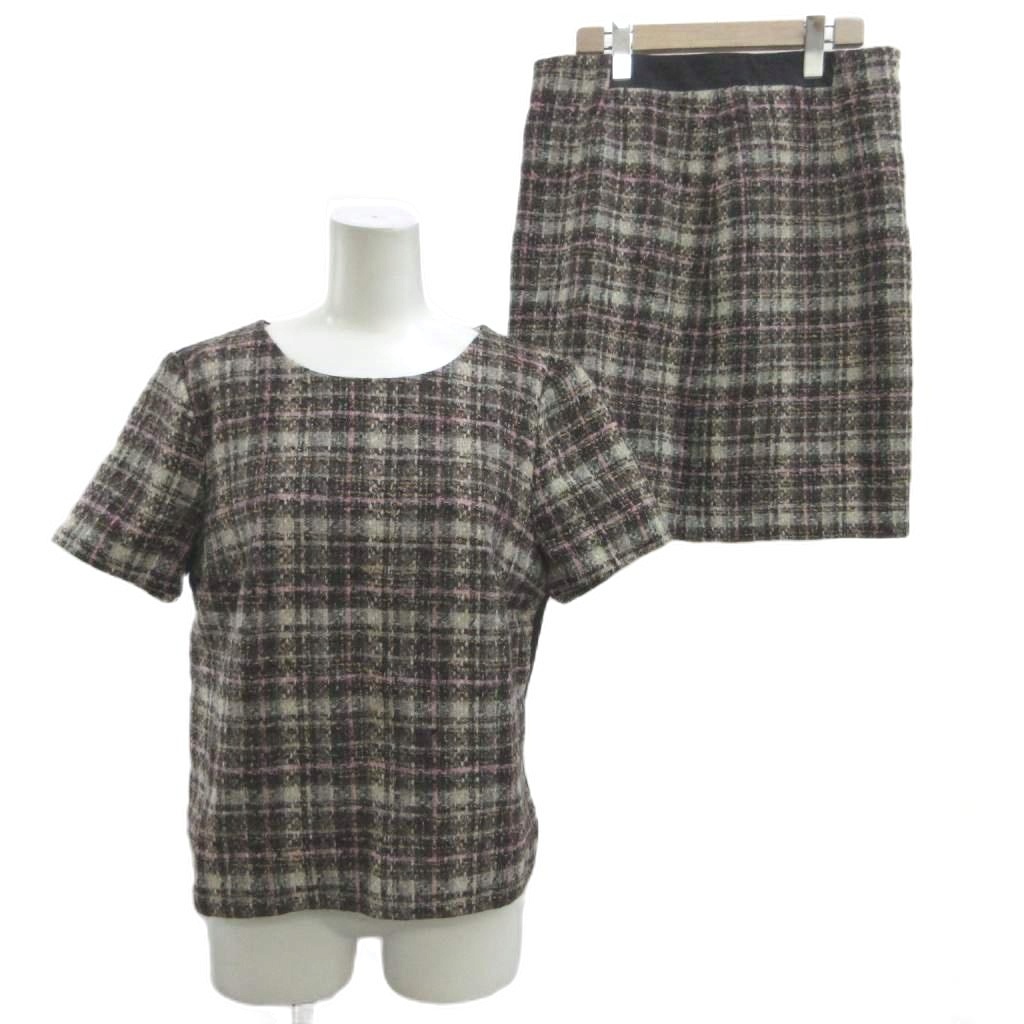 【中古】ローラアシュレイ LAURA ASHLEY セットアップ トップ スコート 上下2点書き割り 羊毛 38 茶 赤銅色 サクラ色 読み合わせる柄 半袖 ラウンドのど首 /NP ■ECC005 レディース 【ベクター 古着】 260526