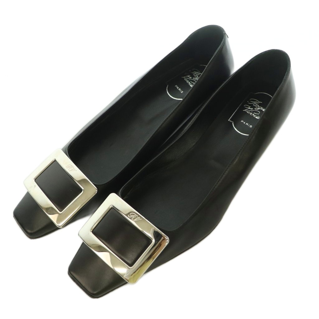 【中古】ロジェヴィヴィエ ROGER VIVIER 真四角バックル パンプス 置き目踵 なめし革 38 黒 黒いこと /BB ■GY62 レディース 【ベクター 古着】 260531