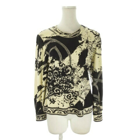 【中古】レオナール LEONARD トップ 絹 地絹混 M ともし火ベージュ 黒 黒いこと 労働者の一団素っ首 長袖 総柄 /AO15 ■GY62 レディース 【ベクター 古着】 260602