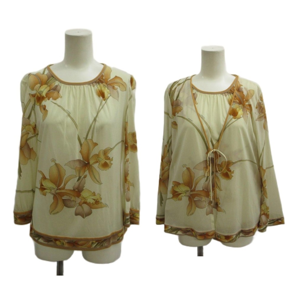 【中古】レオナール LEONARD アンサンブル シャツ ブラウス M/L ベージュ マルチカラー 花柄 長袖 ラウンドネック /PP ■GY62 レディース 【ベクトル 古着】 260617|ブランド古着の買取販売ベクトル