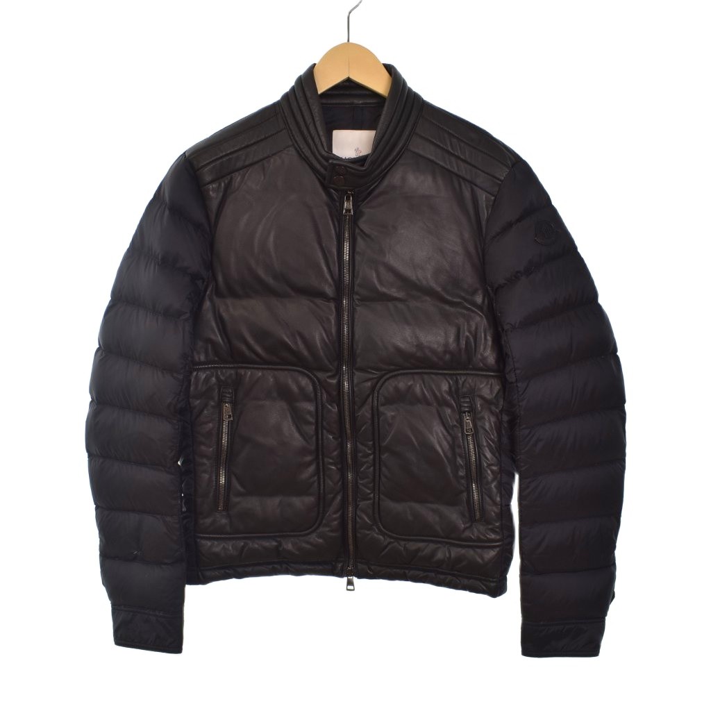 【中古】モンク線路 MONCLER 15AW JEANDAT GIUBBOTTO 落ちこむ上衣 ライダースジャケット 羊革 うつり変わり 1 黒 黒いこと A20914137185 メンズ 【ベクター 古着】 251229