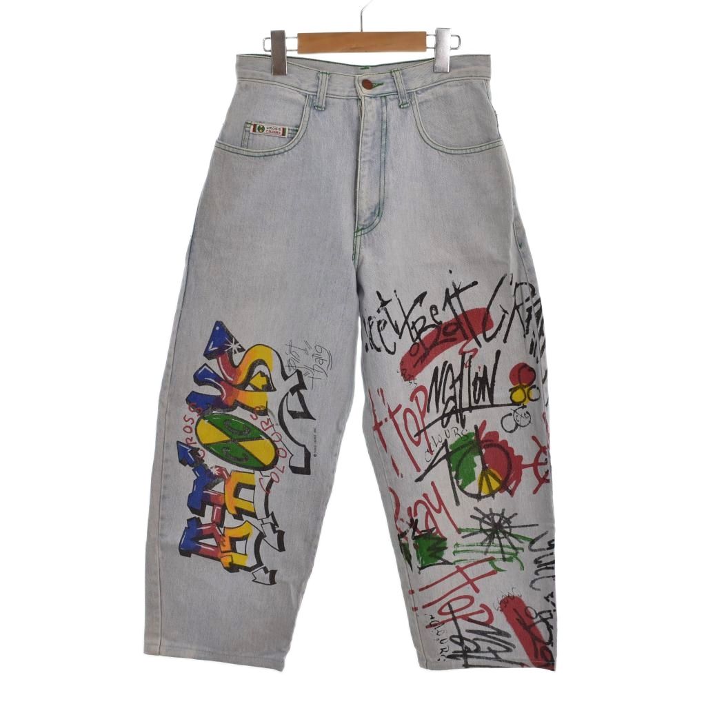 【中古】cross colours 80s～90s デニムパンツ ワイド バギー スプレー風プリント ロゴパッチ 28 インディゴ 水色 マルチカラー メンズ 【ベクトル 古着】 260227｜ブランド古着の買取販売ベクトル