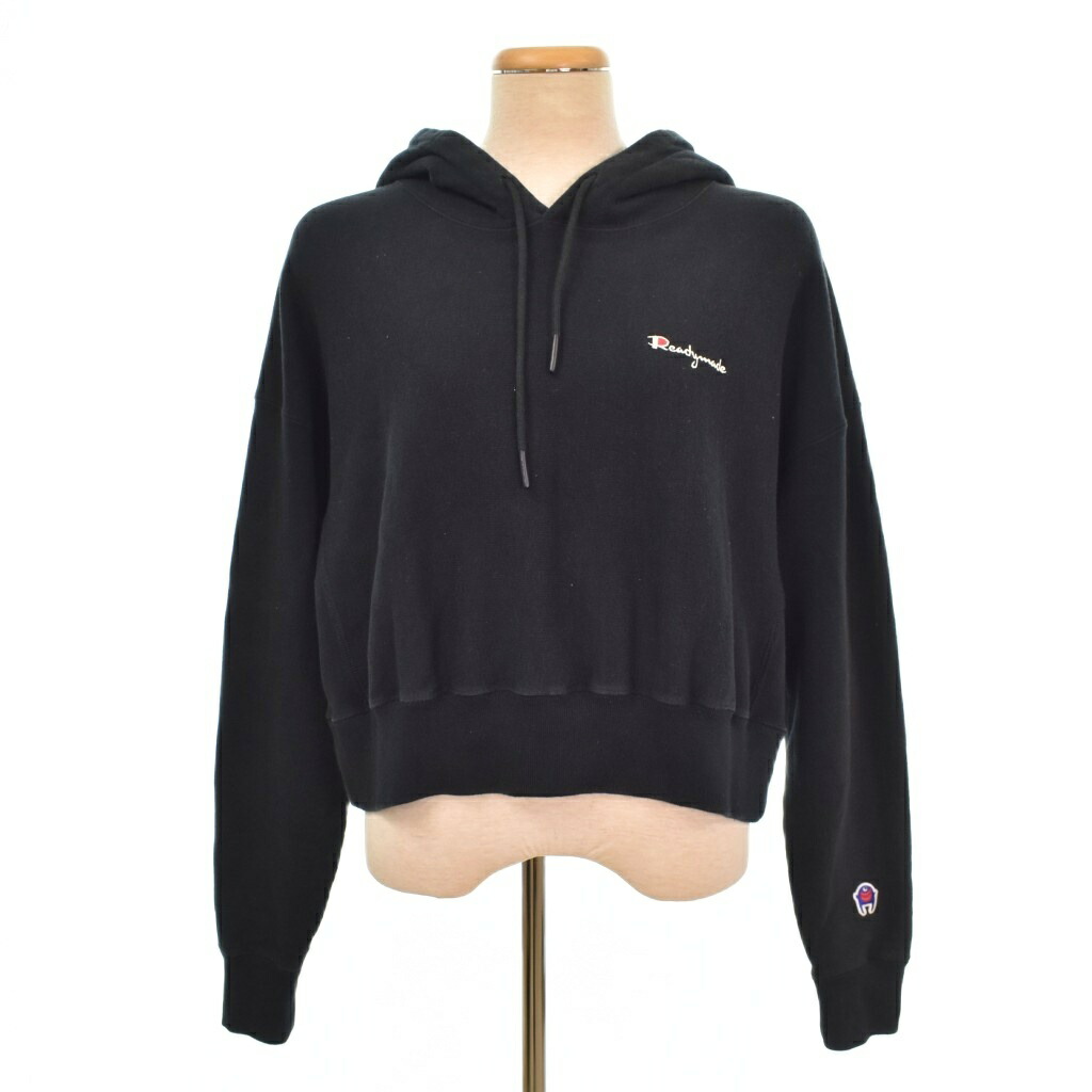 【中古】レディメイド READYMADE PIONCHAM HOODIE プルオーバーパーカー スウェット 長袖 ロゴ刺繍 ショート丈 オーバーサイズ M 黒 ブラック レディース 【ベクトル 古着】 260401