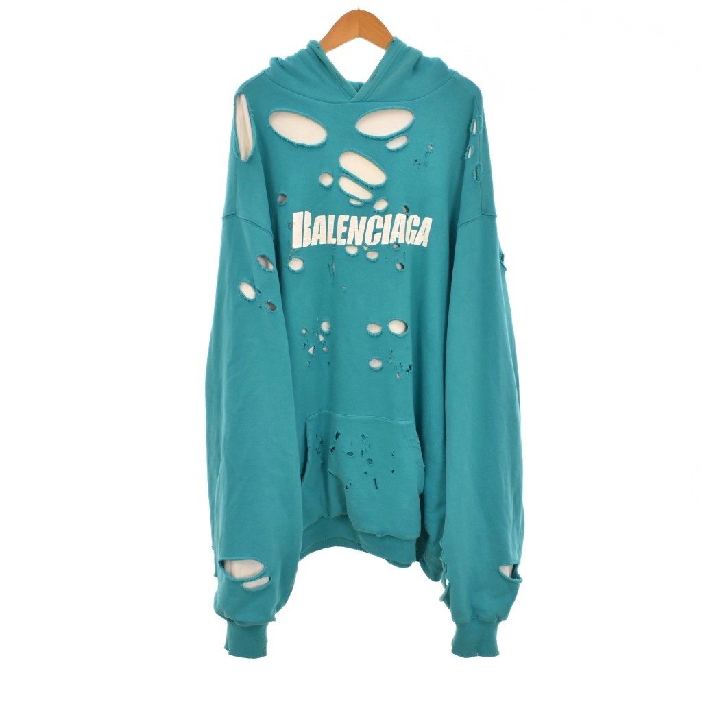 【中古】バレンシアガ BALENCIAGA 21SS Caps Destroyed Hoodie キャップス デストロイド フーディー ティーシャツ パーカー 大層らしい大きさ XXS 水色 点火装置青碧 659403 ☆AA★ メンズ 【ベクター 古着】 260609