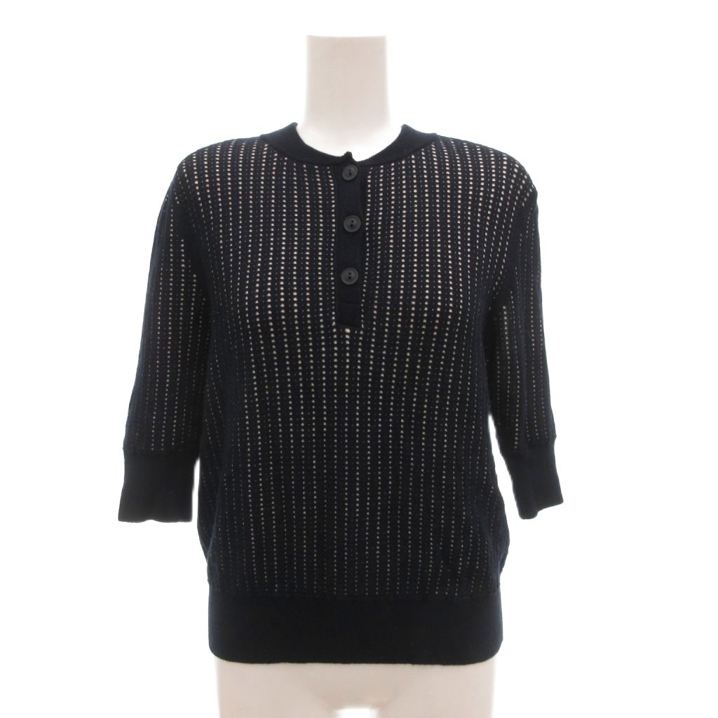 【中古】アニエスベー agnes b. 美品 ニット セーター 2 M 5分袖 ヘンリーネック メッシュ 紺 ダークネイビー /AE レディース 【ベクトル 古着】 251229