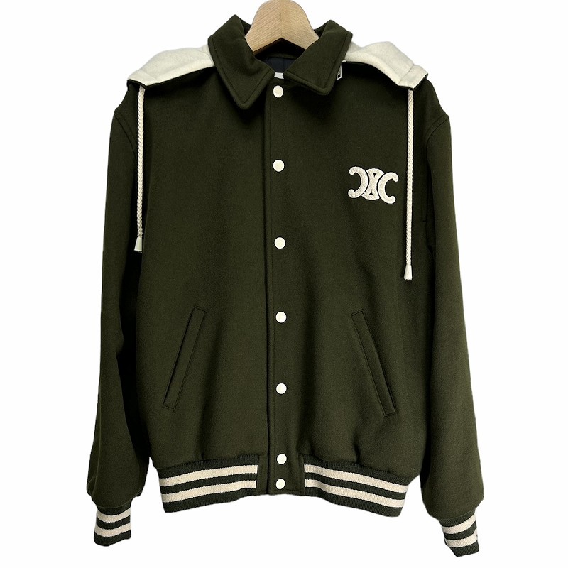 【中古】未当て嵌める品 セリーヌ CELINE HOODED VERSITY JACKET ボンネット付き添い人バーシティジャケット 38 厚地の外套 上衣 緑 カーキ 2V49I6700.31FS レディース 【ベクター 古着】 240511