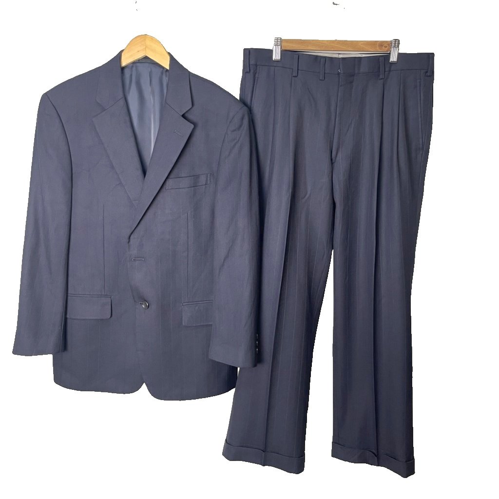 【中古】ジェームスアンダーソン バイ ビッグビジョン James Anderson by BIGVISION scabal 英国製 セットアップ オーダーメイドスーツ ビジネス テーラードジャケット 背抜き 2B パンツ スラックス ストライプ ウール 紺 ネイビー メンズ 【ベクトル 古着】 251118