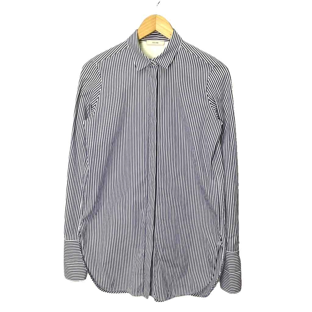 【中古】セリーヌ CELINE 縞模様 ティーシャツ トップ 比翼名取り草 傍え細長い切口 長袖 38 紺 米国海軍 ☆AA★ レディース 【ベクター 古着】 251108