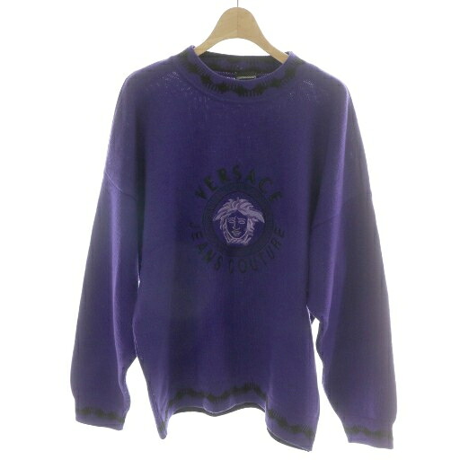 【中古】ヴェルサーチジーンズ VERSACE JEANS COUTURE ヴィンテージ メデューサ ニット セーター 長袖 ミドルゲージ 厚手 刺繍 紫 パープル 黒 ブラック /MP ■GY18 メンズ 【ベクトル 古着】 251209｜ブランド古着の買取販売ベクトル