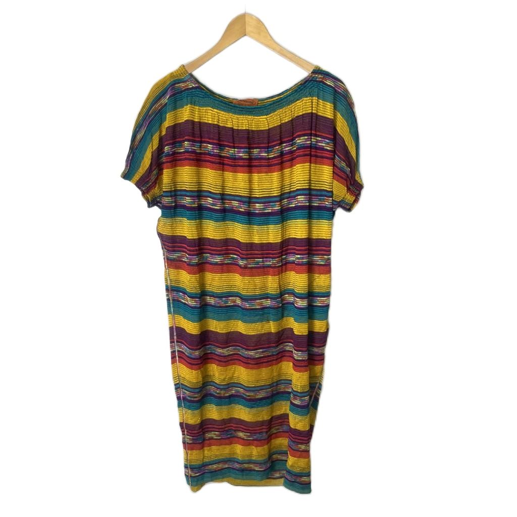 【中古】ミッソーニ MISSONI マルチボーダー ワンピース プルオーバー ひざ丈 半袖 イエロー グリーン マルチカラー ■GY06 レディース 【ベクトル 古着】 260130