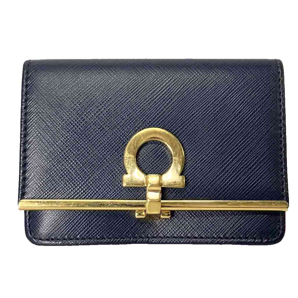 【中古】サルヴァトーレフェラガモ Salvatore Ferragamo ガンチーニ カードケース 名刺入れ 二つ折り ネイビー レディース 【ベクトル 古着】 260321
