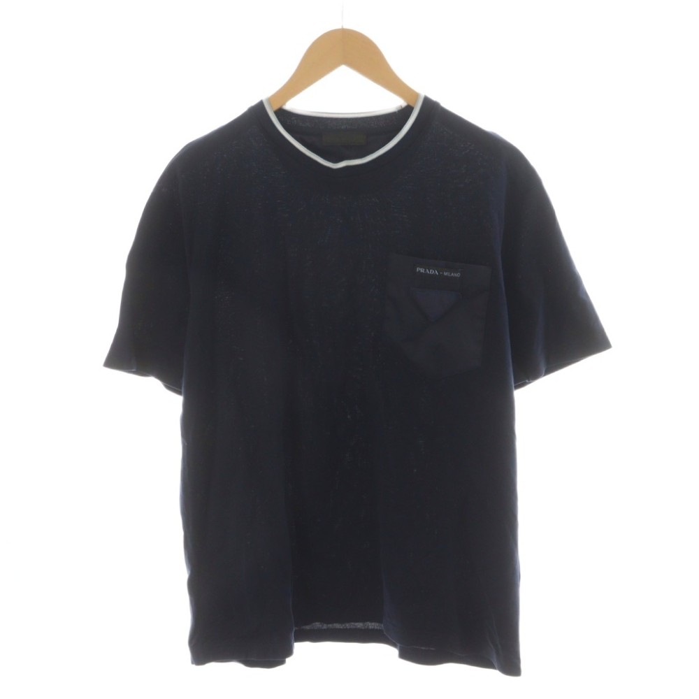 【中古】プラダ PRADA 三角形ロゴタイプ ティーシャツ カットソー 半袖 労働者の一団のど首 XL 紺 米国海軍 UJN616 /AN36 メンズ 【ベクター 古着】 260521
