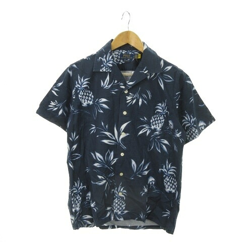 【中古】ポロ ラルフローレン POLO RALPH LAUREN アロハシャツ オープンカラーシャツ 半袖 総柄 パイナップル ロゴタイプ刺しゅう S 紺 米国海軍 /MN17 ■GY44 メンズ 【ベクター 古着】 260521