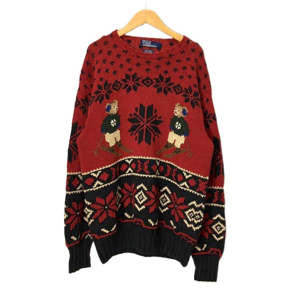 【中古】ポロ バイ ラルフローレン Polo by Ralph Lauren 手編みダブルポロベアニット プルオーバー 労働者の一団のど首 リネン混 L 赤いこと メンズ 【ベクター 古着】 260525