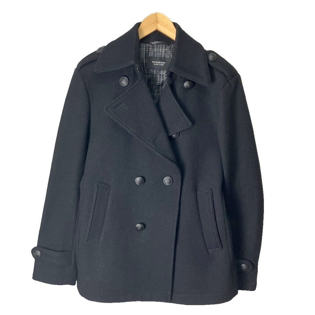 【中古】バーバリーブラックレーベル BURBERRY BLACK LABEL Pコート ジャケット ウール ショート丈 裏地チェック L ブラック メンズ 【ベクトル 古着】 260611｜ブランド古着の買取販売ベクトル