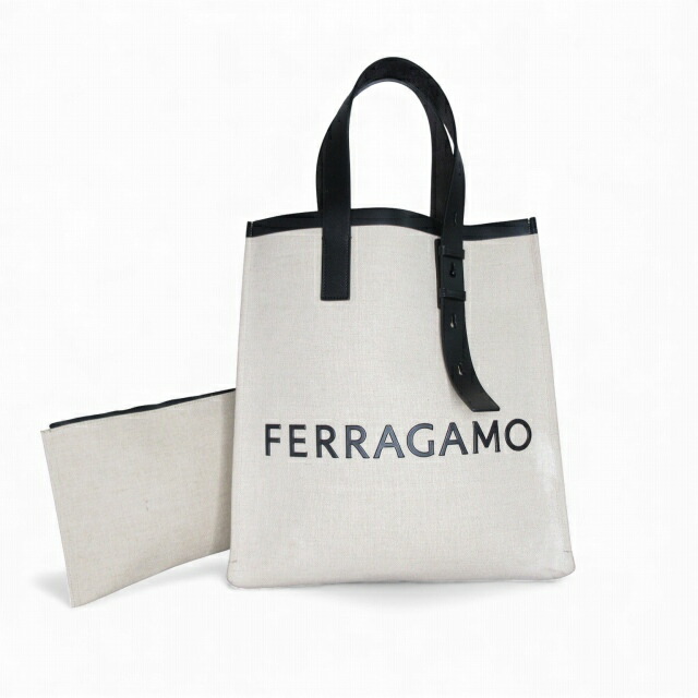 【中古】サルヴァトーレフェラガモ Salvatore Ferragamo トートバッグ 帆布 なめし革 ロゴタイプ 象牙色 黒いこと E11240125198 1204 メンズ レディース 【ベクター 古着】 251204
