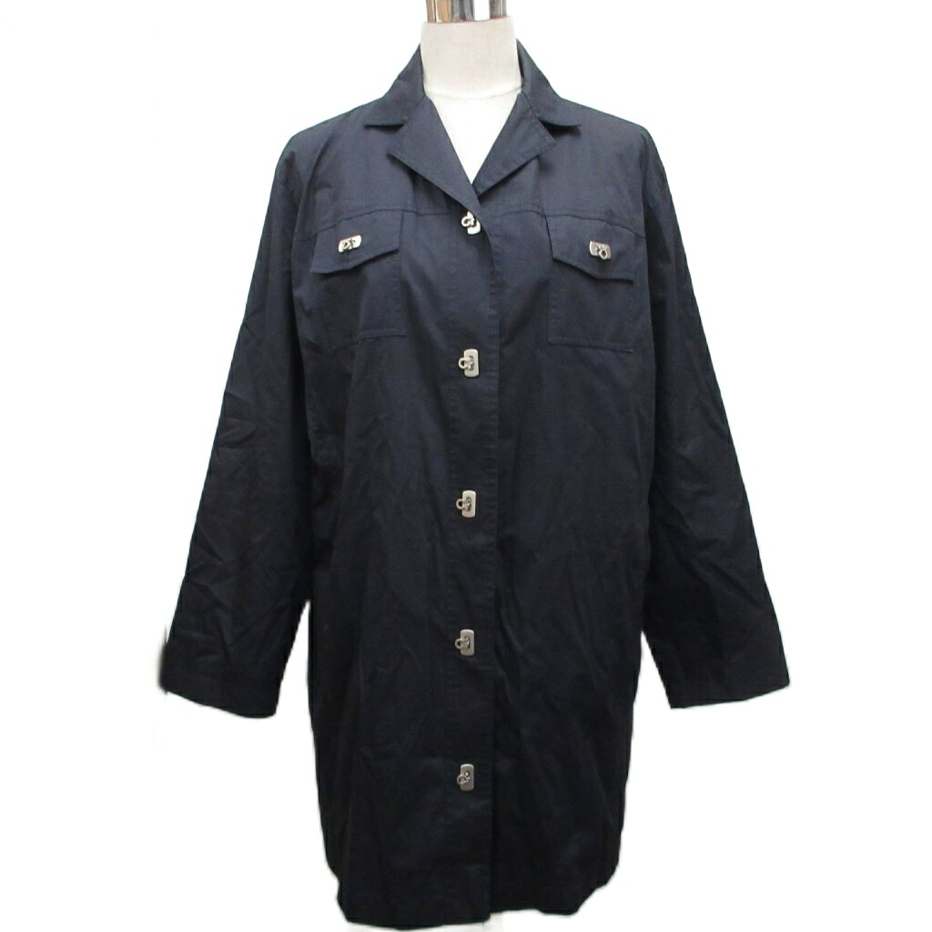 【中古】サルヴァトーレフェラガモ Salvatore Ferragamo ガンチーニ ステンカラーコート ロング丈 シルバー金具 44 紺 ネイビー ■IBO91 レディース 【ベクトル 古着】 260314