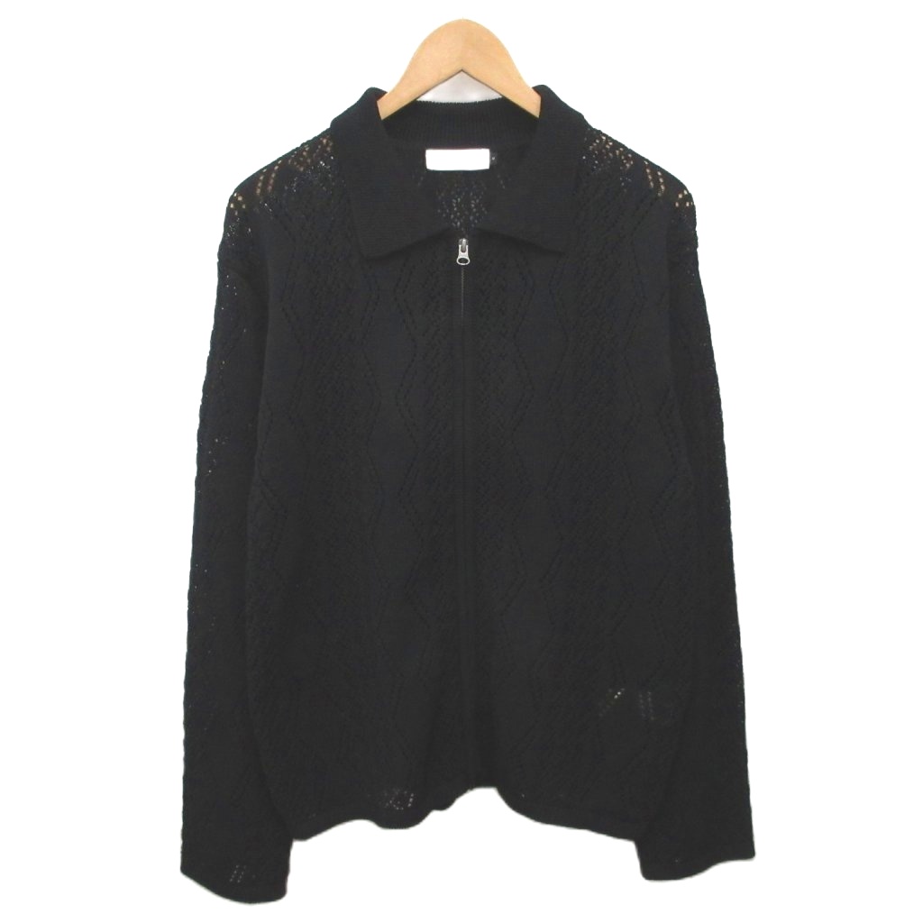 【中古】アモーメント AMOMENTO 美品 25SS CROCHET ZIP-UP CARDIGAN ジップカーディガン 編み物 長袖 クロシェ 麻 リネン混 M 黒 黒いこと AM25SSM02CDBKM メンズ 【ベクター 古着】 260415