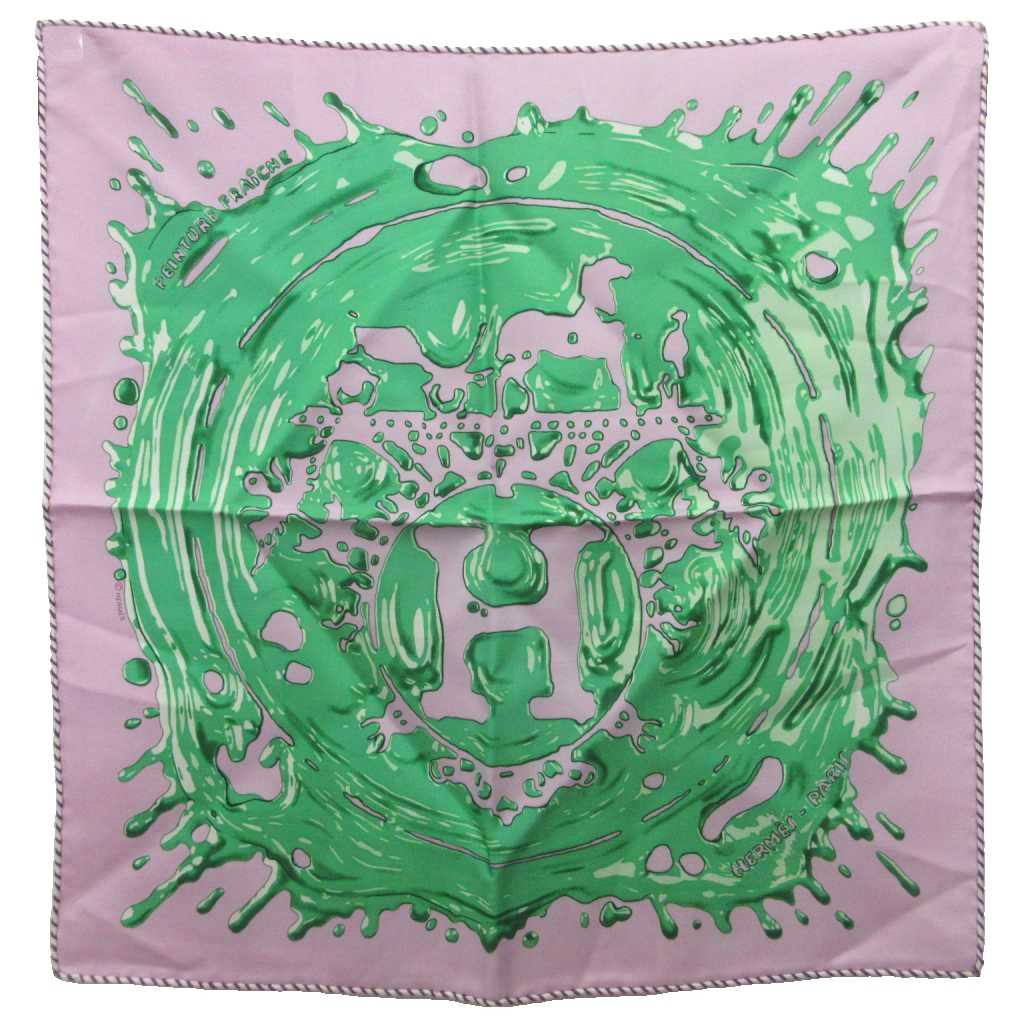 【中古】エルメス HERMES カレ45 ガブロッシュ 絵の具塗りたて Peinture Fra?che えり巻き 袈裟 総柄 絹 地絹100% ライトパープル 緑 緑であること レディース 【ベクター 古着】 260516