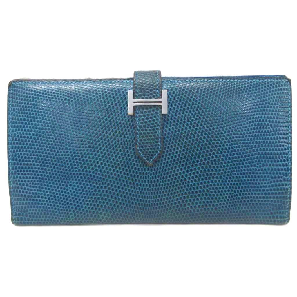 【中古】エルメス HERMES 滅多に無い ベアン スフレ 蜥蜴 O目じるし Hロゴタイプ 長銭入れ 二つ折り ウォレット 御釣り入れ有 ロゴタイプ金具 しろがね色金具 なめし革 青 青碧 ☆AA★ メンズ 【ベクター 古着】 260530